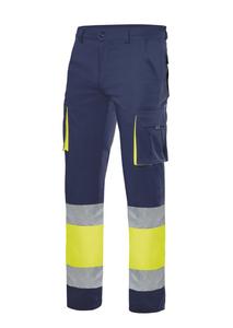 VELILLA V3030 - BROEK MULTI-POCKET TWEEKLEURIG HOGE ZICHTBAARHEID Navy/Fluo Yellow